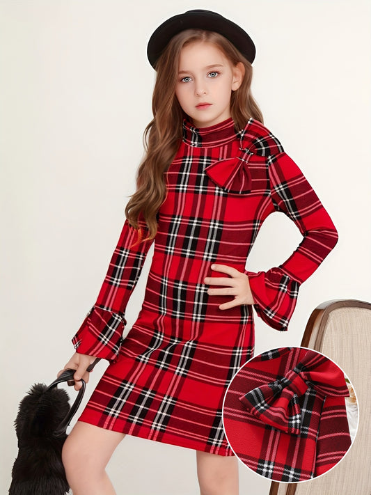 Charming Classic Plaid Long Sleeve Bow Decor Dress for Girls - Vintage-Inspired, Soft and Cozy, Perfect for Spring, Fall, Winter, and Christmas Gift Ideas