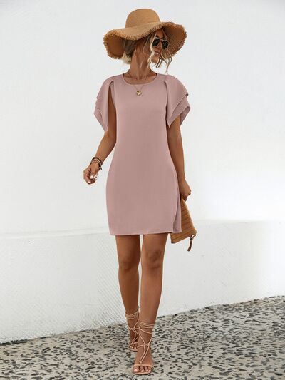 swvws Round Neck Flutter Sleeve Mini Dress