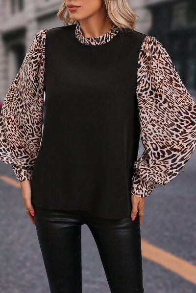 swvws Leopard Mock Neck Lantern Sleeve Blouse