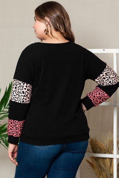 swvws Plus Size Leopard Dropped Shoulder Long Sleeve T-Shirt