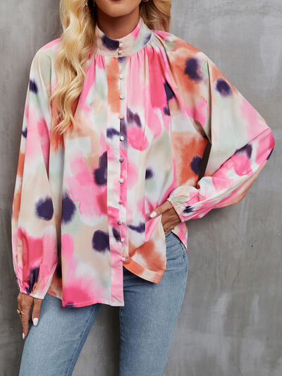 swvws Printed Mock Neck Balloon Sleeve Shirt