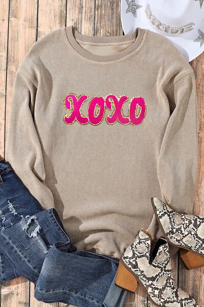 swvws XOXO Sequin Round Neck Dropped Shoulder Sweatshirt