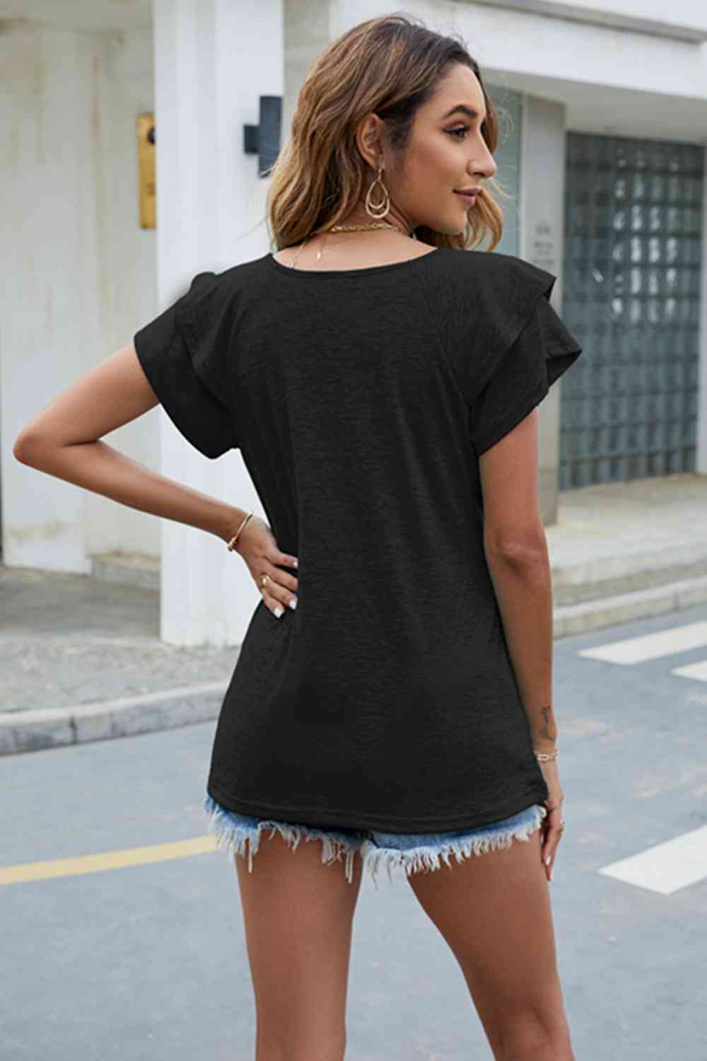 swvws V-Neck Flutter Sleeve T-Shirt