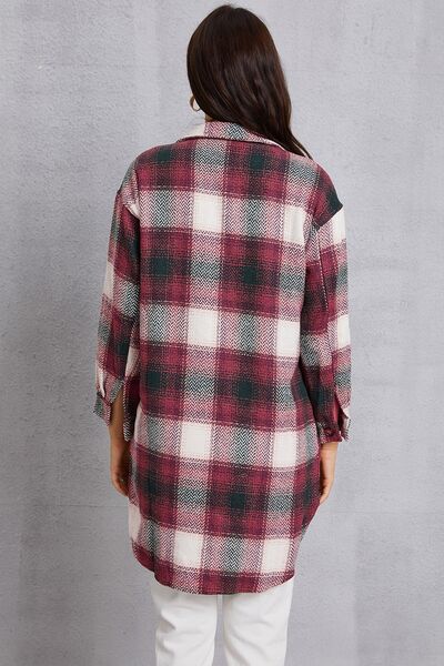 swvws Plaid Button Up Dropped Shoulder Coat with Pockets