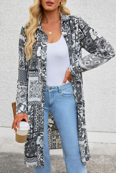 swvws Printed Button Up Long Sleeve Shirt Dress