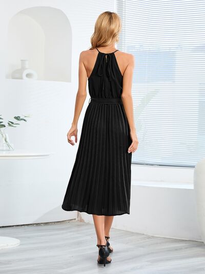 swvws Pleated Spaghetti Strap Tie Waist Midi Dress