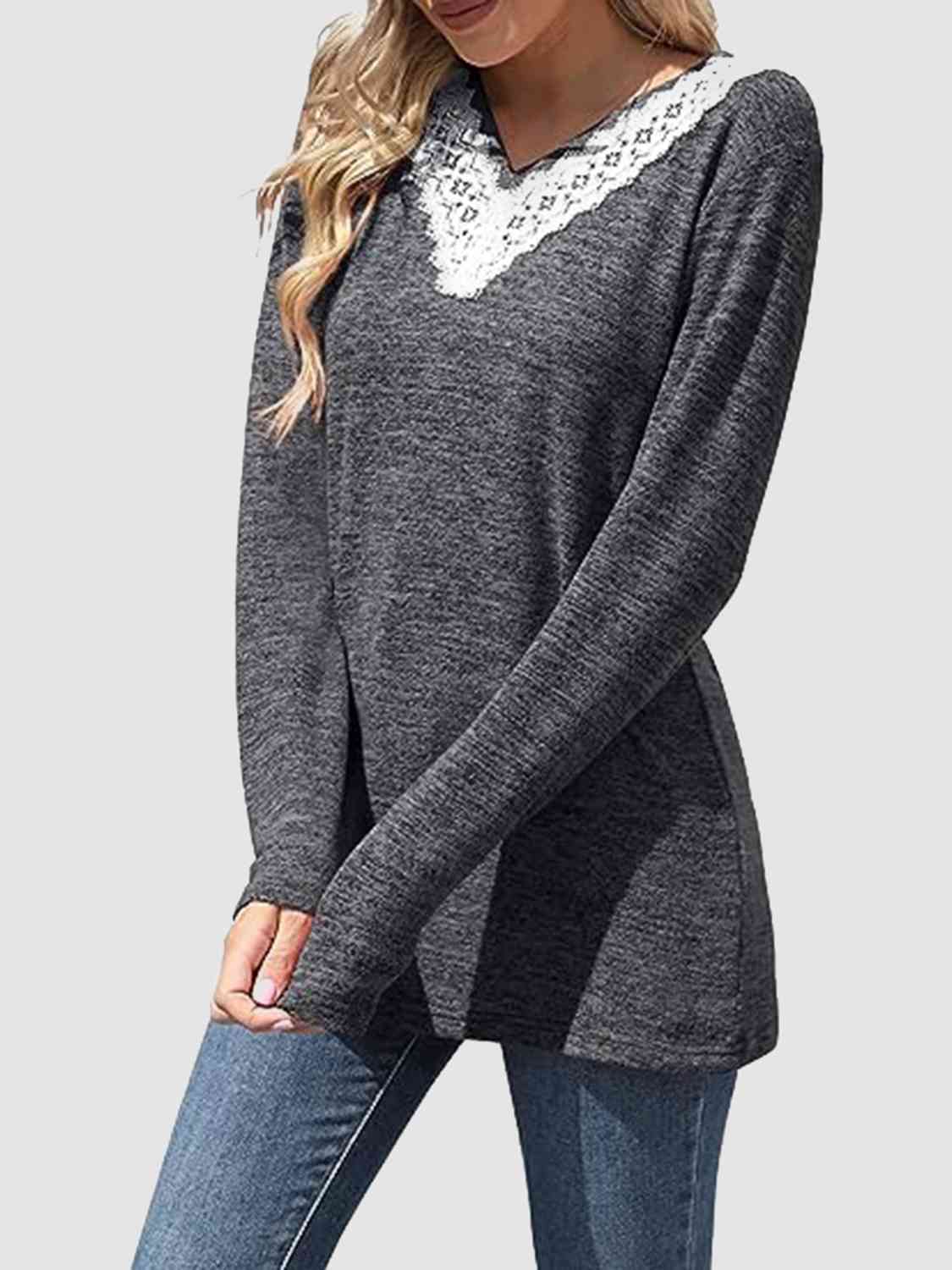 swvws Lace Detail V-Neck Long Sleeve Top