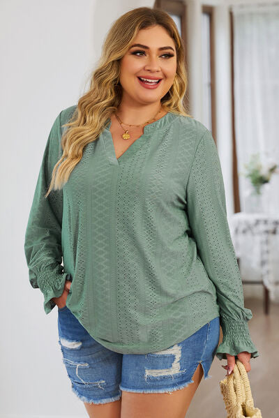 swvws Plus Size Eyelet Notched Flounce Sleeve Blouse