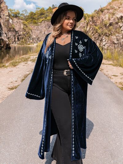 swvws Plus Size Embroidery Open Front Long Sleeve Cardigan