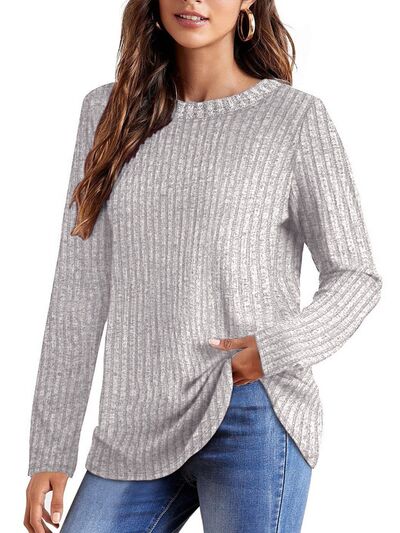 swvws Ribbed Round Neck Long Sleeve Blouse