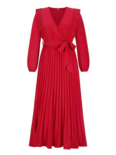 swvws Pleated Surplice Tie Waist Maxi Dress