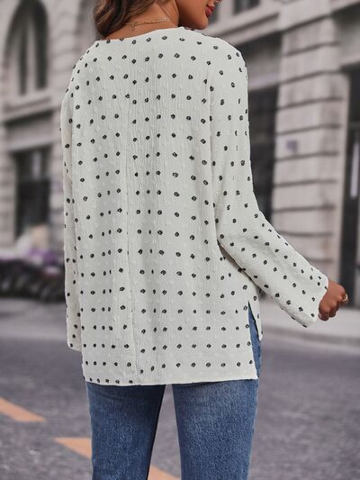 swvws Swiss Dot V-Neck Long Sleeve Blouse