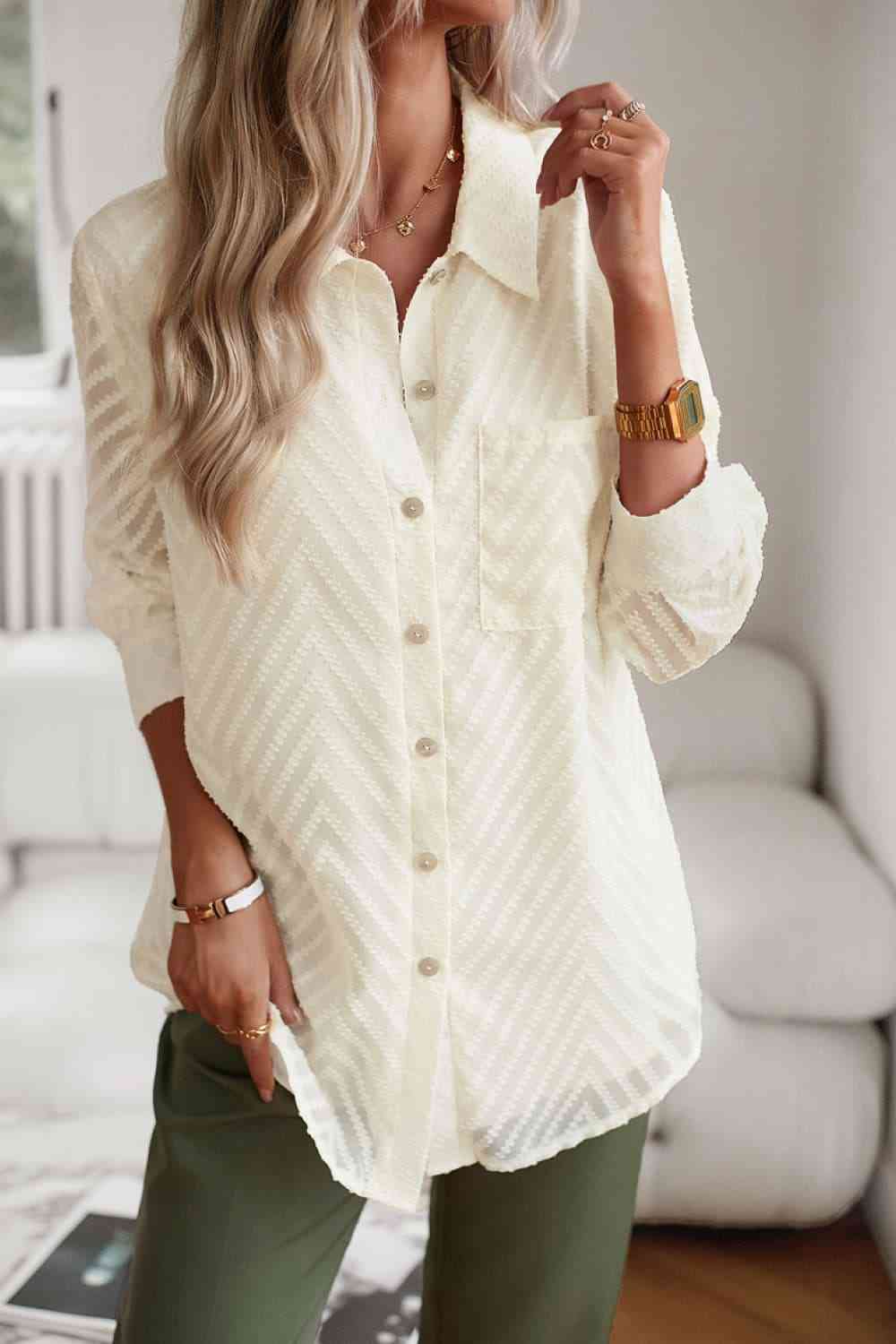 swvws Collared Neck Long Sleeve Pocketed Shirt