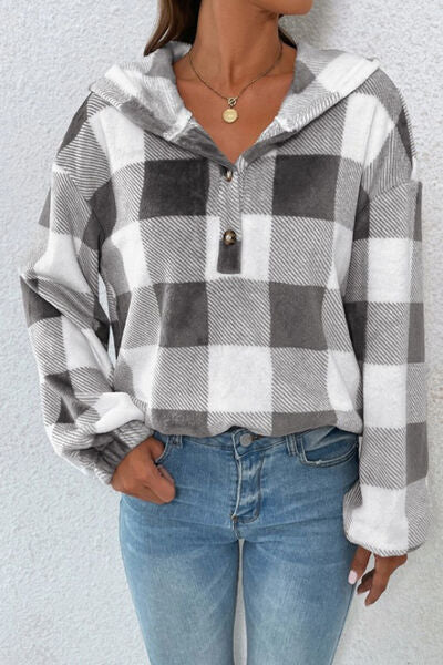 swvws Plaid Quarter Button Dropped Shoulder Hoodie