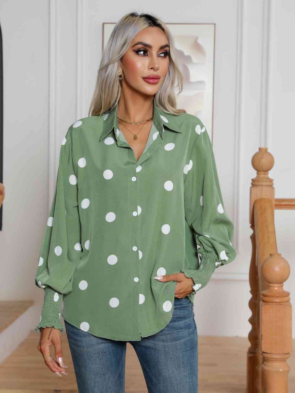 swvws Polka Dot Collared Neck Buttoned Lantern Sleeve Shirt