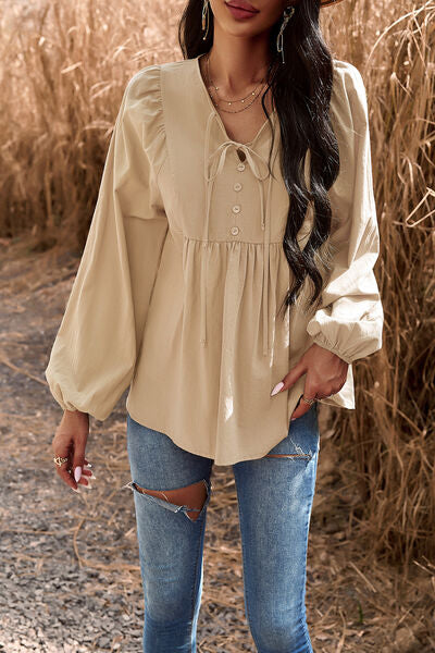 swvws Tied Decorative Button Balloon Sleeve Blouse