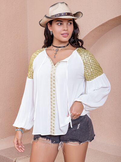 swvws Plus Size Sequin Tie Neck Dropped Shoulder Blouse