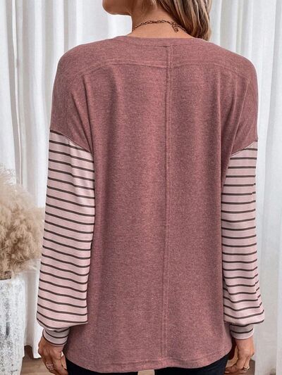 swvws Round Neck Striped Long Sleeve Slit T-Shirt