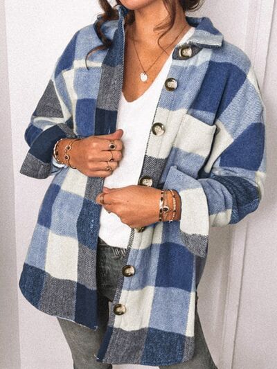 swvws Plaid Pocketed Dropped Shoulder Button Up Jacket