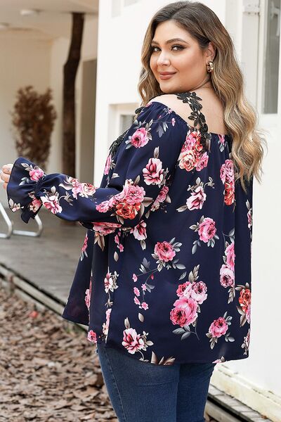 swvws Plus Size Floral Flounce Sleeve Blouse