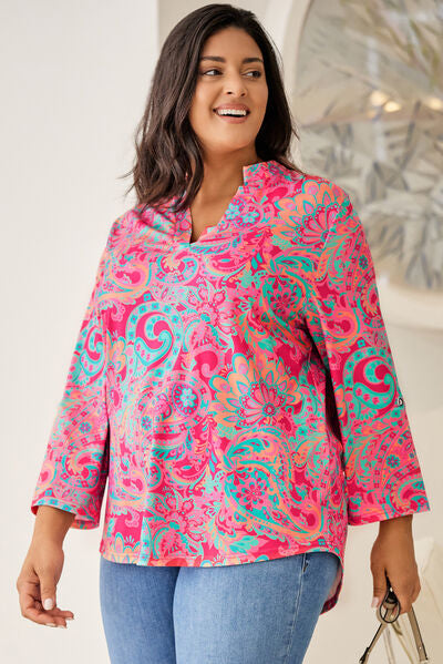 swvws Plus Size Printed Notched Long Sleeve Blouse