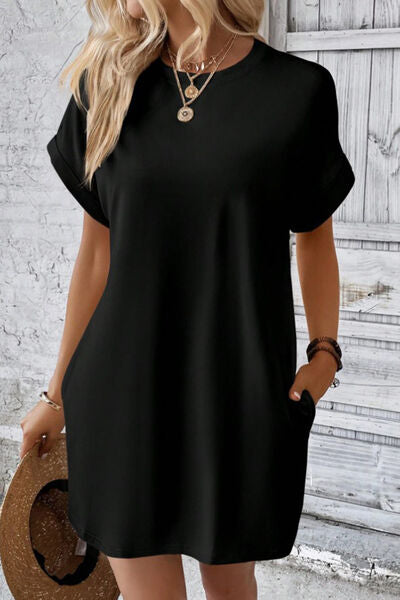 swvws Pocketed Round Neck Short Sleeve Dress