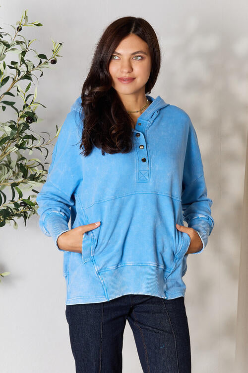 swvws Zenana Half Snap Long Sleeve Hoodie with Pockets