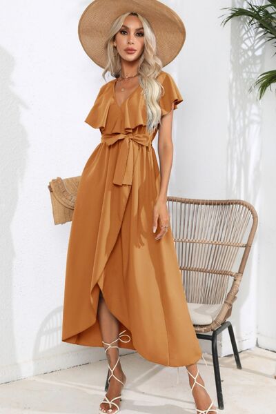 swvws Ruffled Tied V-Neck Midi Dress