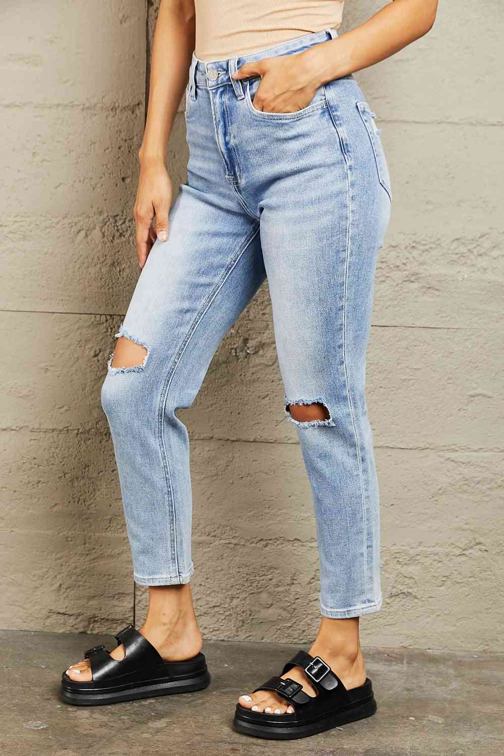 swvws BAYEAS High Waisted Distressed Slim Cropped Jeans