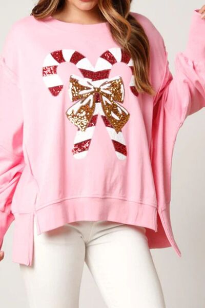 swvws Candy Cane Slit Dropped Shoulder Sweatshirt