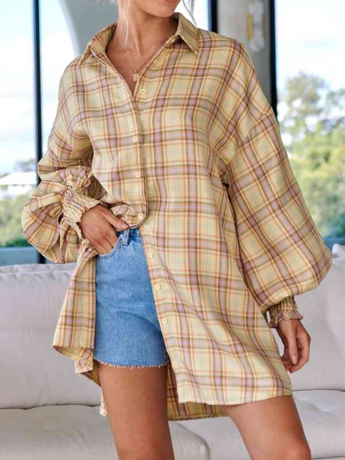 swvws Plaid Lantern Sleeve Shirt