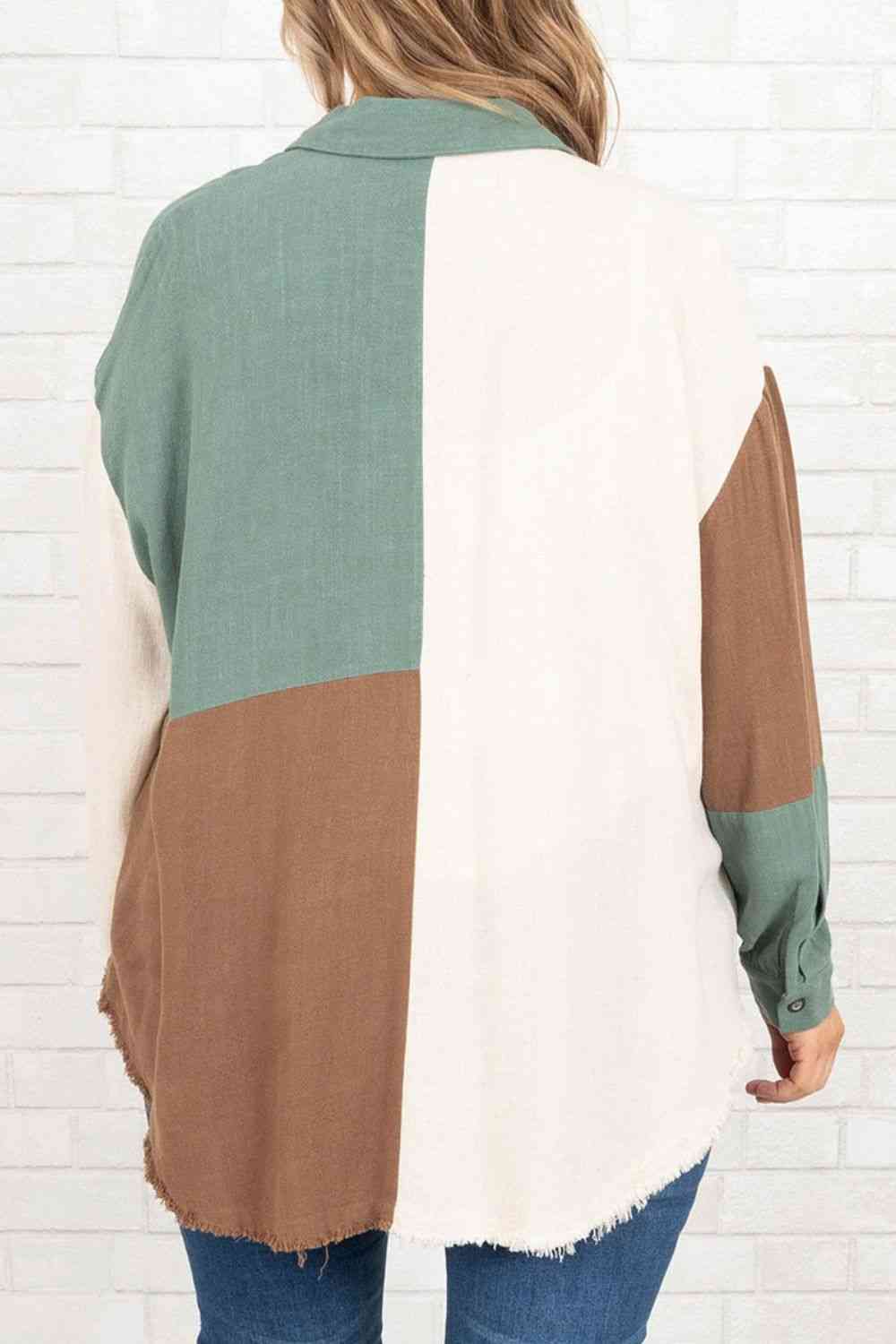 swvws Plus Size Collared Neck Color Block Raw Hem Shirt