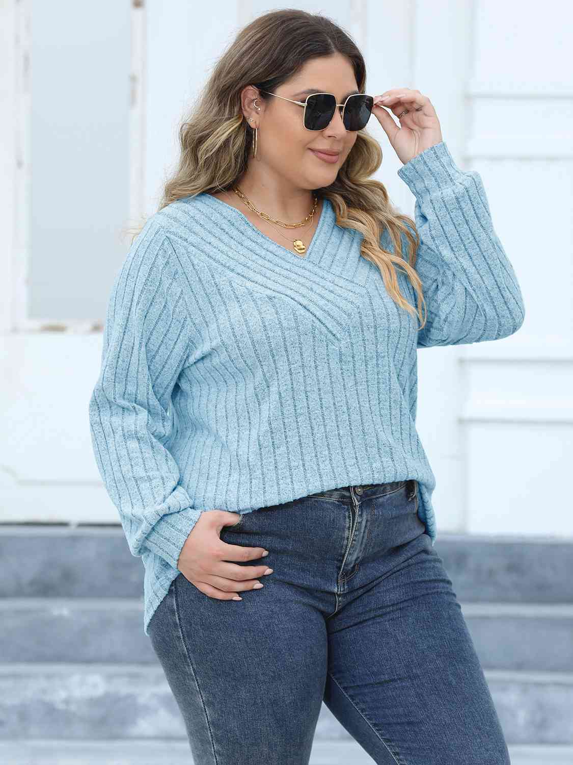 swvws Plus Size Ribbed V-Neck Long Sleeve Top