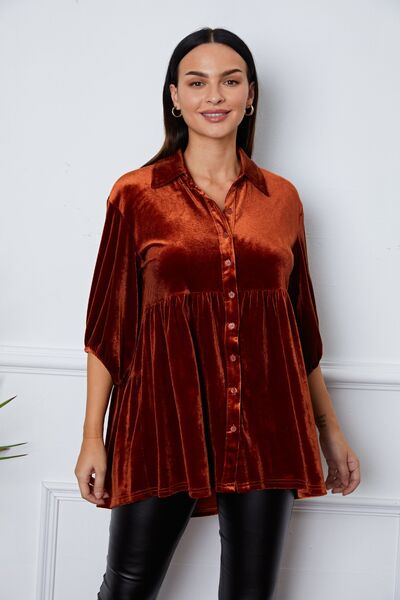 swvws Velvet Tiered Button Up Collared Neck Shirt