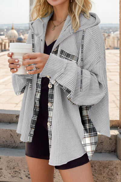 swvws Plaid Waffle-Knit Drawstring Hooded Jacket