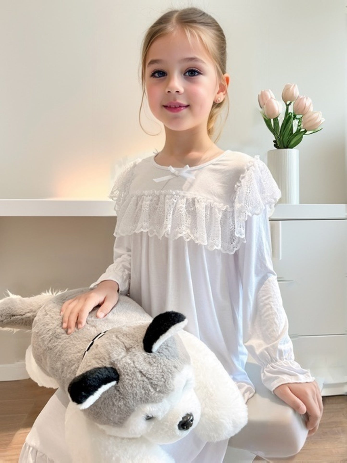 Girl's Elegant Lace Bow Decor Long Sleeve Round Neck Dress, Comfortable & Casual Princess Style Dress For Girl's Daily Wearing