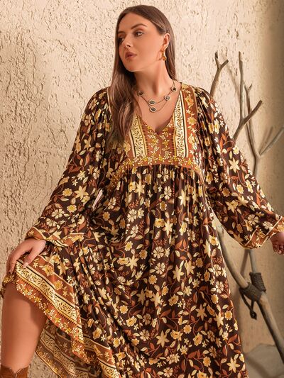 swvws Plus Size Printed V-Neck Balloon Sleeve Dress