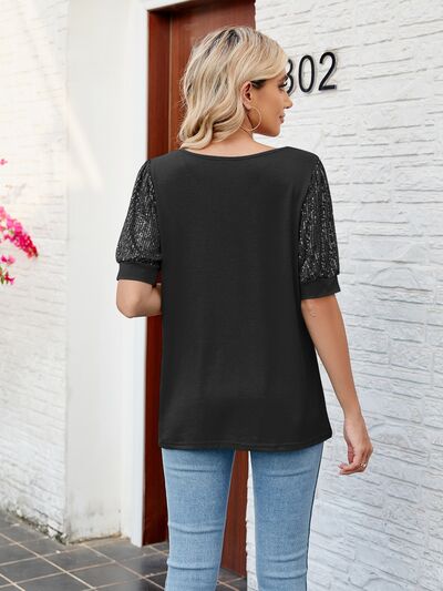 swvws Sequin V-Neck Short Sleeve Blouse