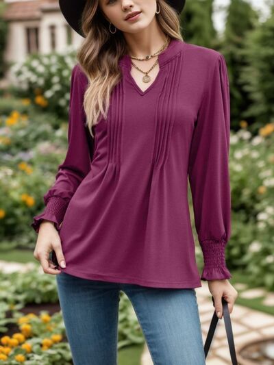 swvws Notched Smocked Flounce Sleeve Blouse