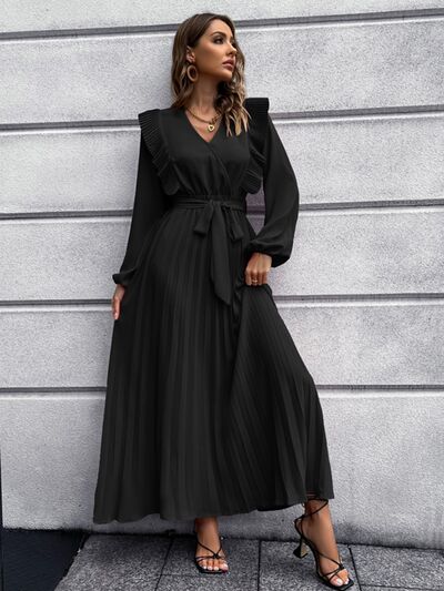 swvws Pleated Surplice Tie Waist Maxi Dress