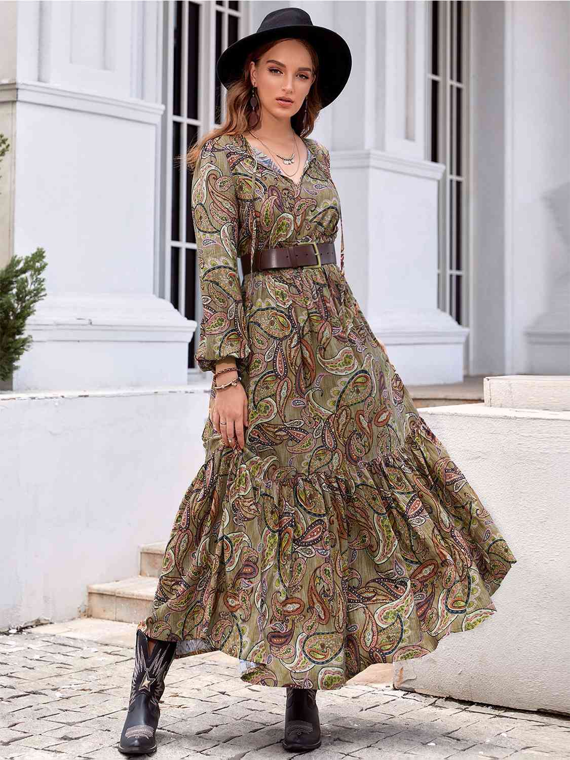 swvws Printed Tie Neck Ruffle Hem Long Sleeve Dress