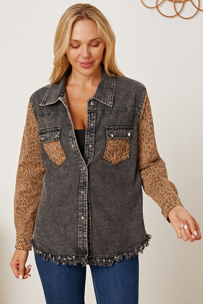 swvws Leopard Raw Hem Pocketed Denim Jacket