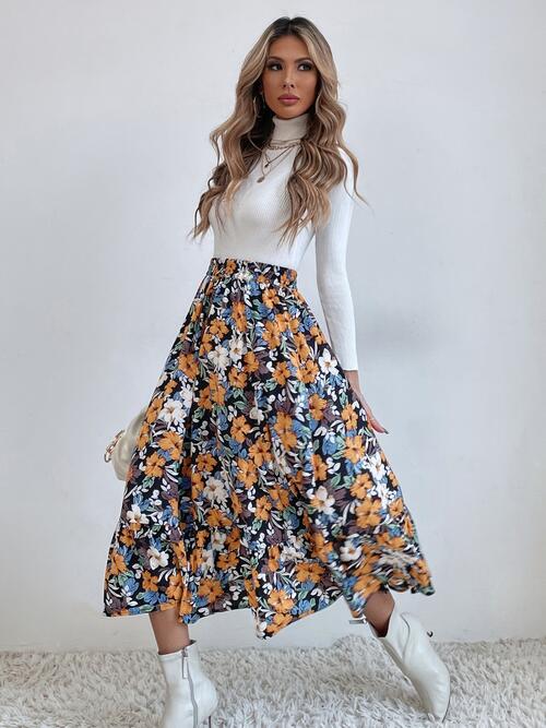 swvws Printed Ruffle Hem Midi Skirt