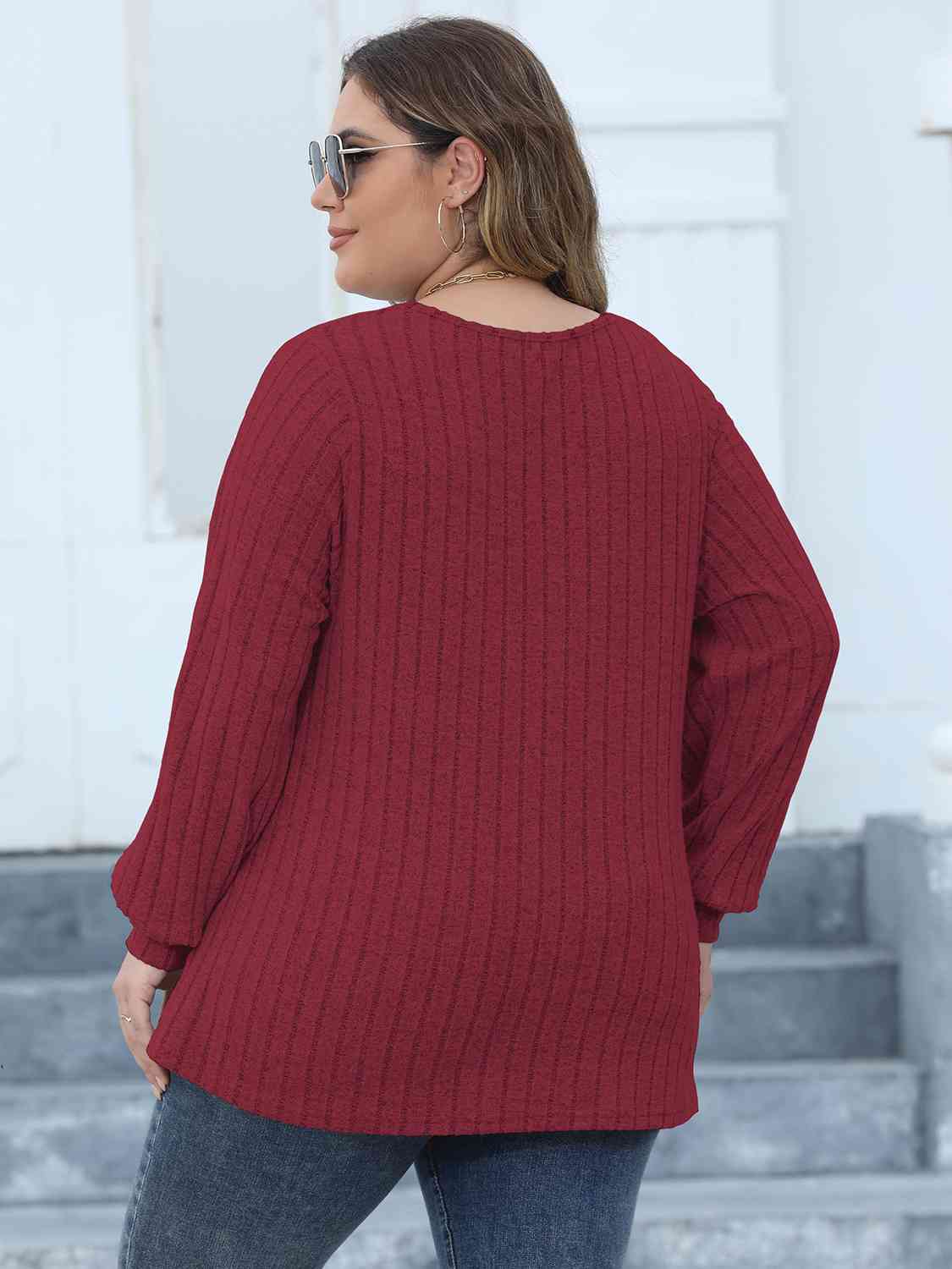 swvws Plus Size Ribbed V-Neck Long Sleeve Top