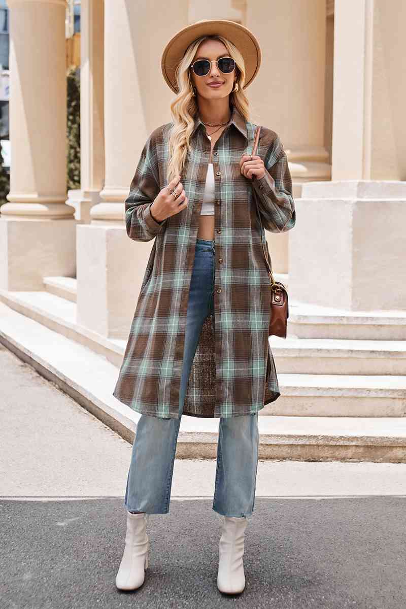 swvws Plaid Collared Neck Long Sleeve Coat