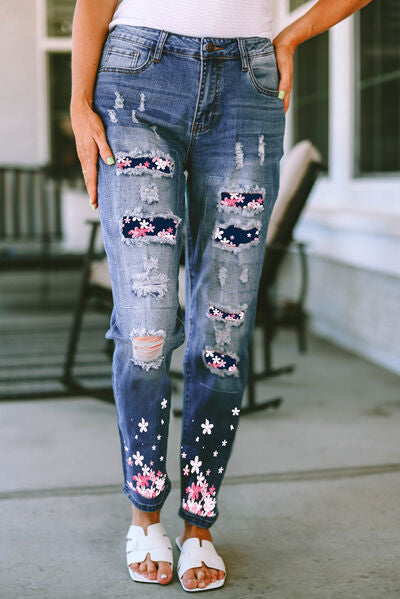 swvws Flower Distressed Jeans with Pockets