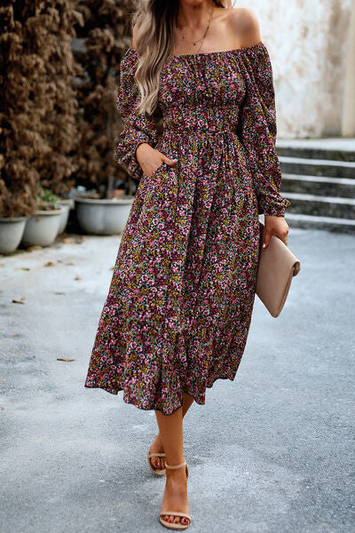 swvws Printed Balloon Sleeve Pocketed Midi Dress