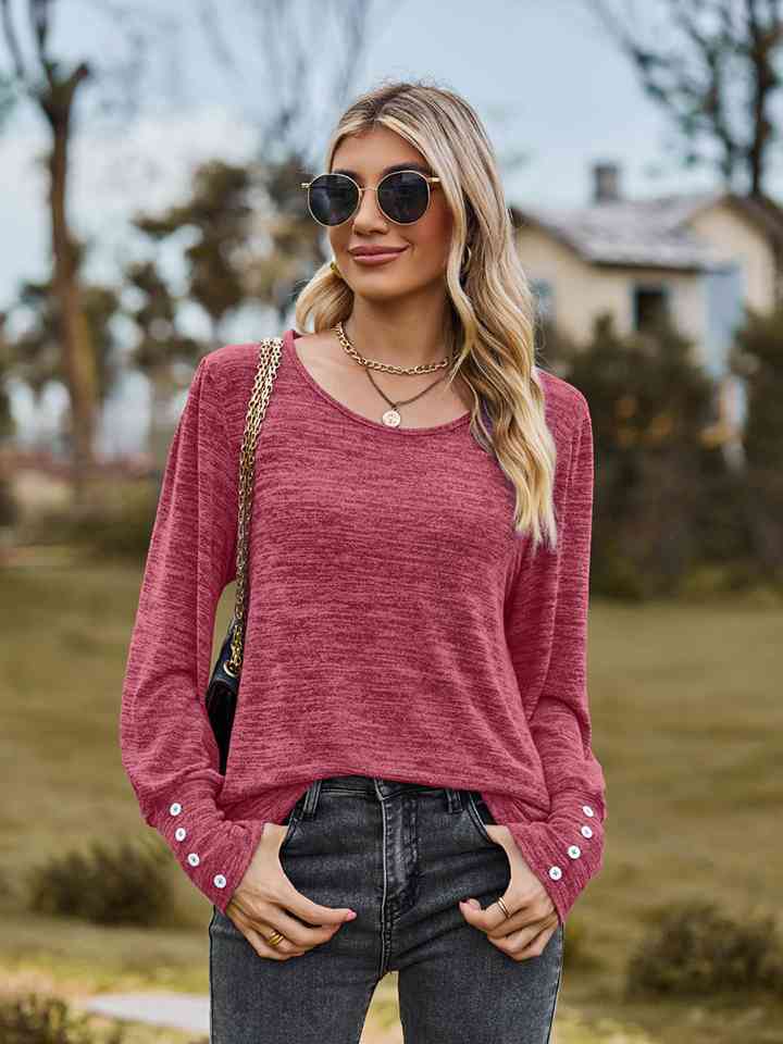 swvws Round Neck Long Sleeve Buttoned T-Shirt