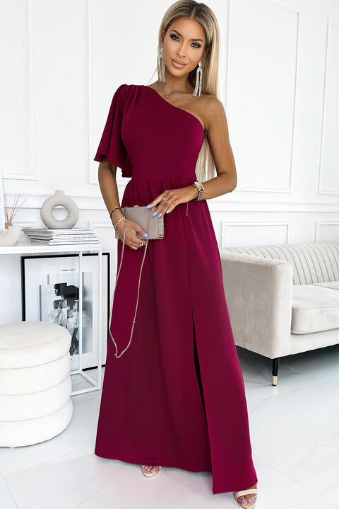 swvws One shoulder Flutter sleeves Slit Dress