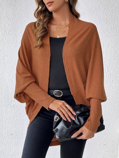 swvws Ribbed Open Front Lantern Sleeve Cocoon Cardigan